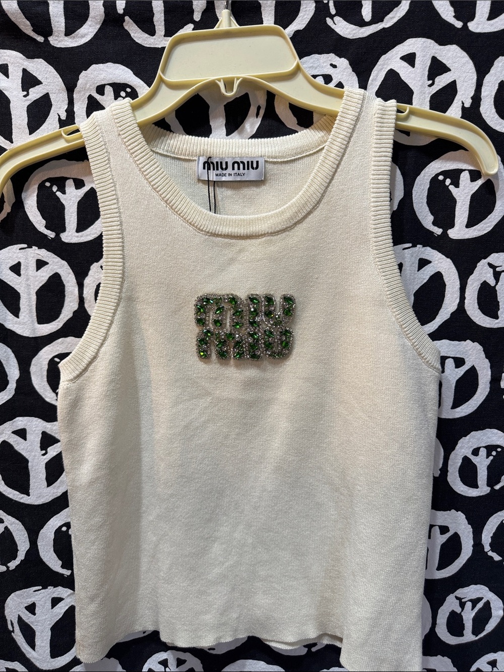 Miu Miu Cream Tank Top with Green Crystal Logo